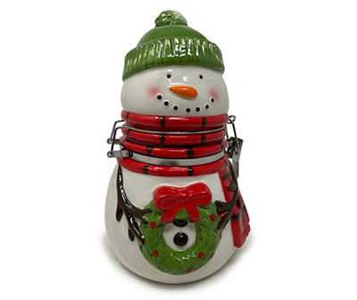 White & Green Snowman Holding Wreath Treat Jar