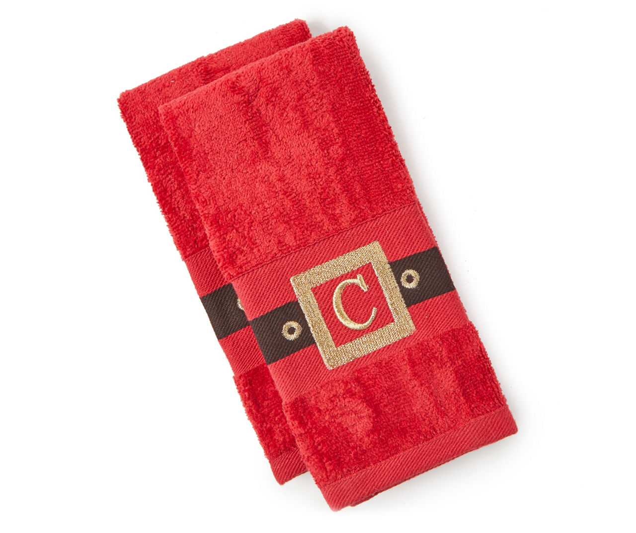 "C" Red, Black & Gold Santa Belt Monogram Fingertip Towels, 2-Pack