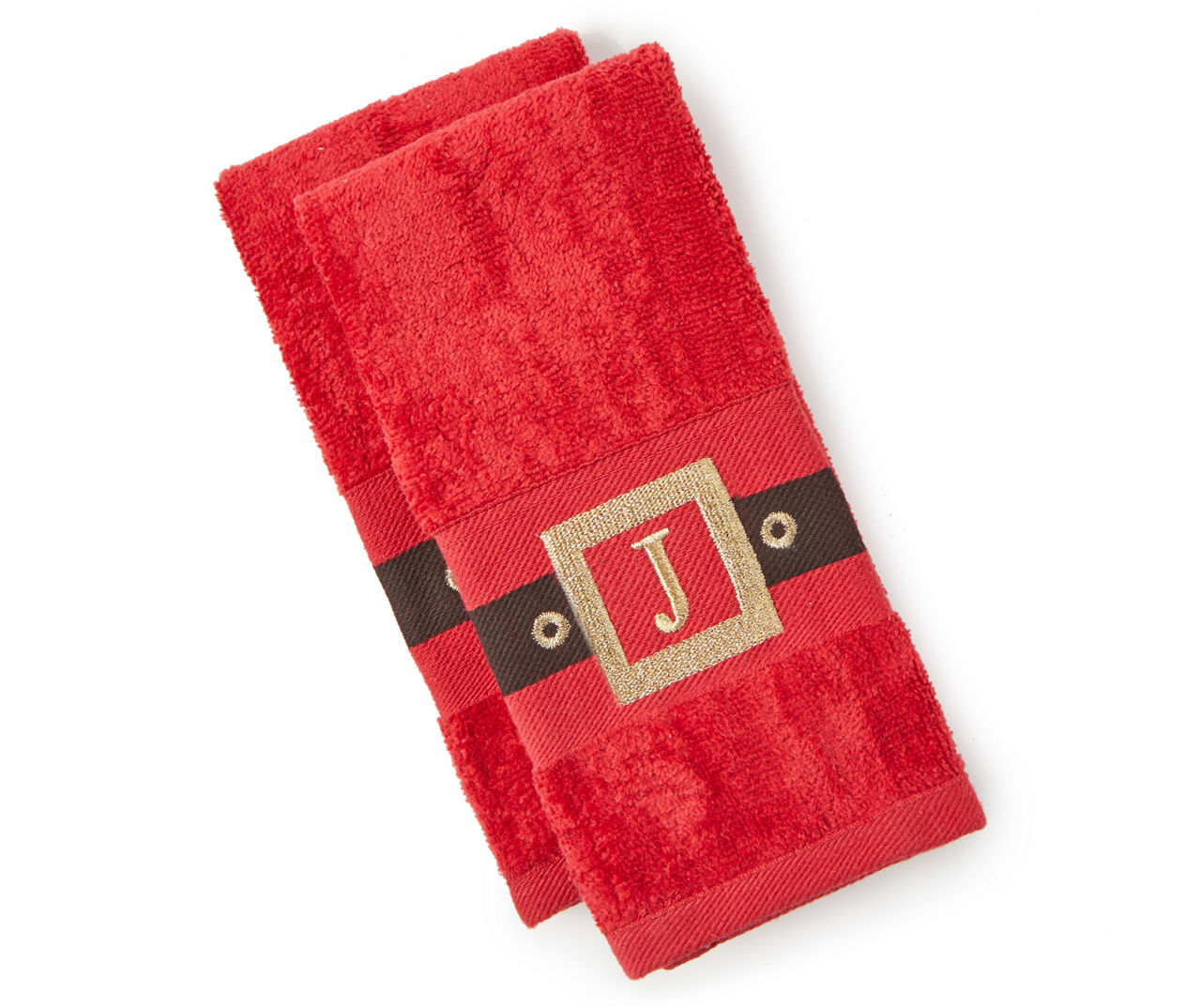 "J" Red, Black & Gold Santa Belt Monogram Fingertip Towels, 2-Pack