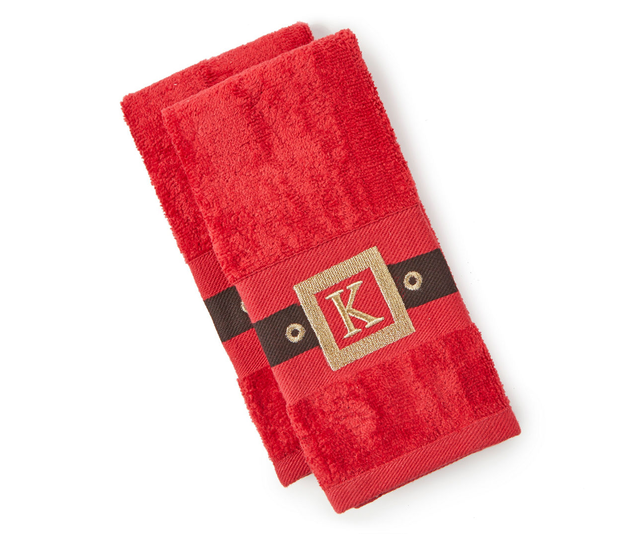 "K" Red, Black & Gold Santa Belt Monogram Fingertip Towels, 2-Pack