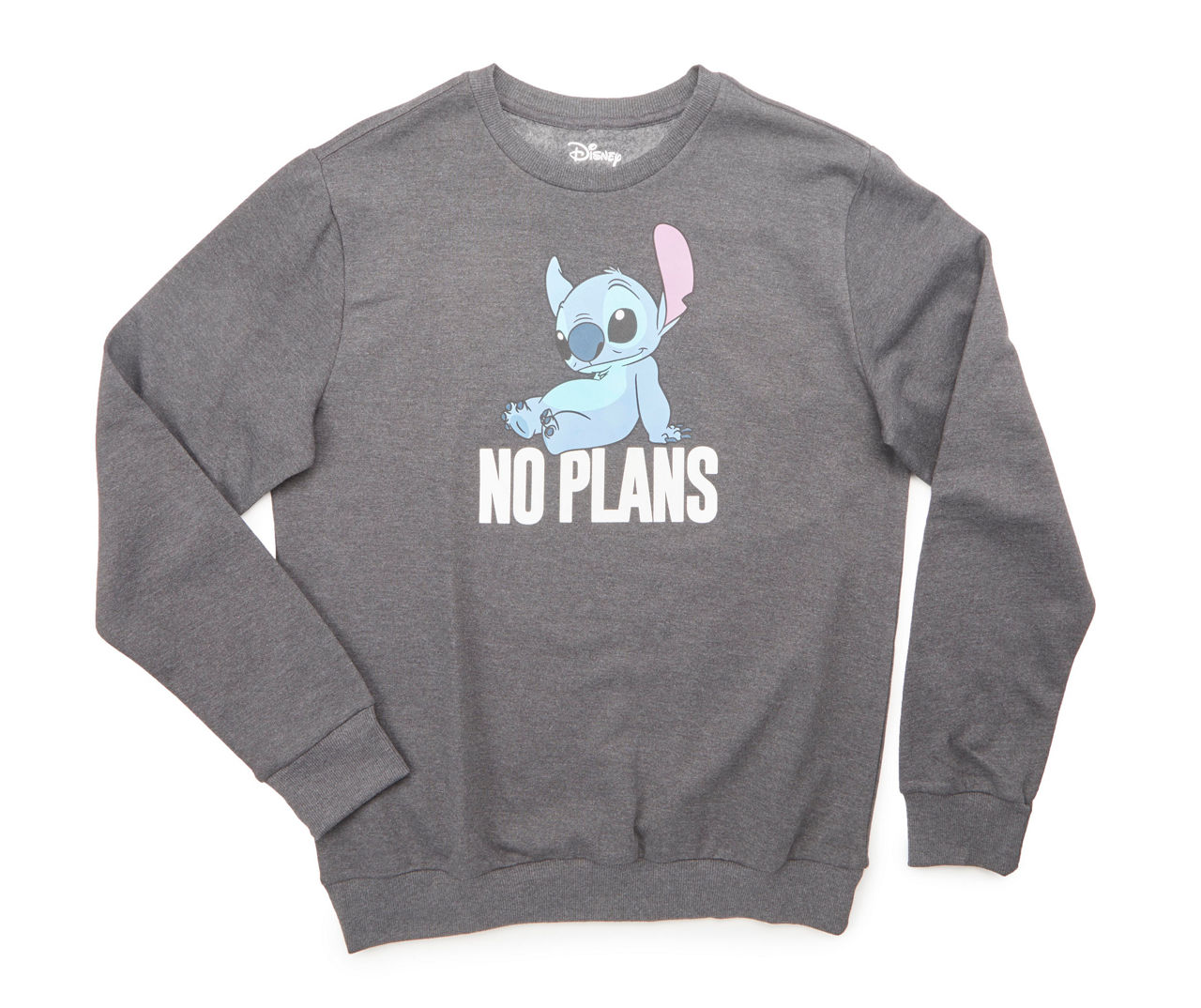 Men's Size X-Large "No Plans" Charcoal Heather Lilo & Stitch Long-Sleeve Fleece Sweatshirt