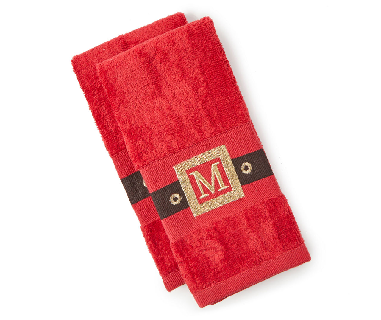 "M" Red, Black & Gold Santa Belt Monogram Fingertip Towels, 2-Pack