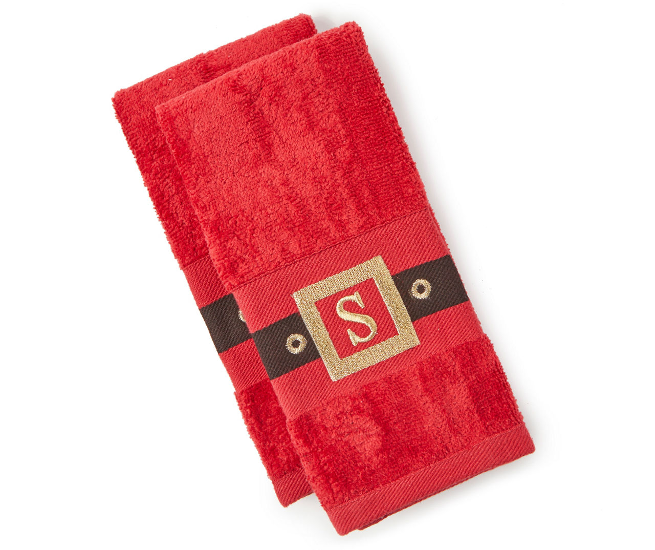 "S" Red, Black & Gold Santa Belt Monogram Fingertip Towels, 2-Pack