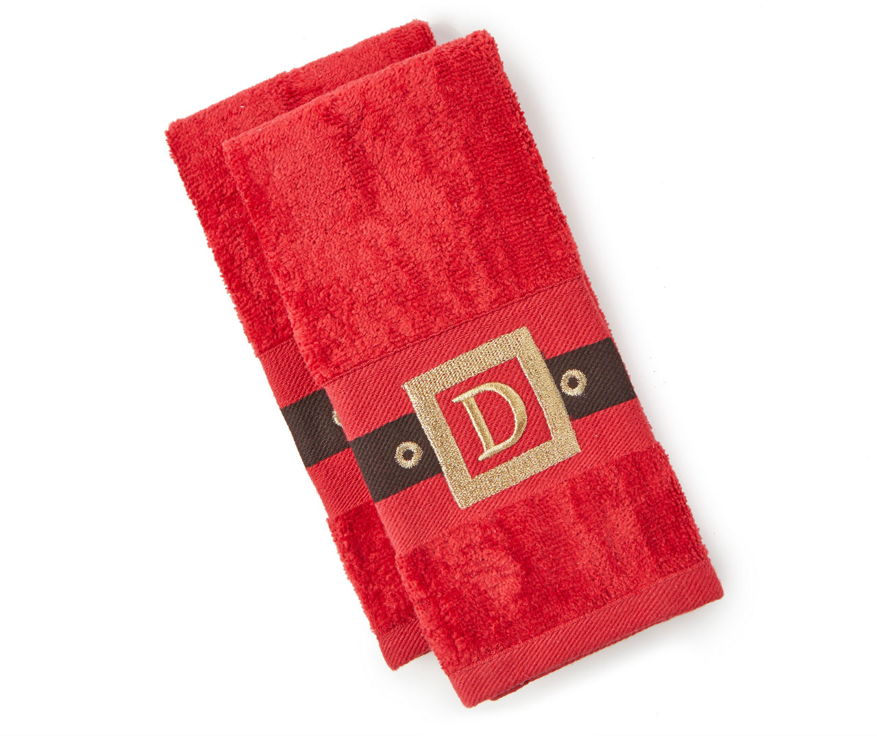 "D" Red, Black & Gold Santa Belt Monogram Fingertip Towels, 2-Pack