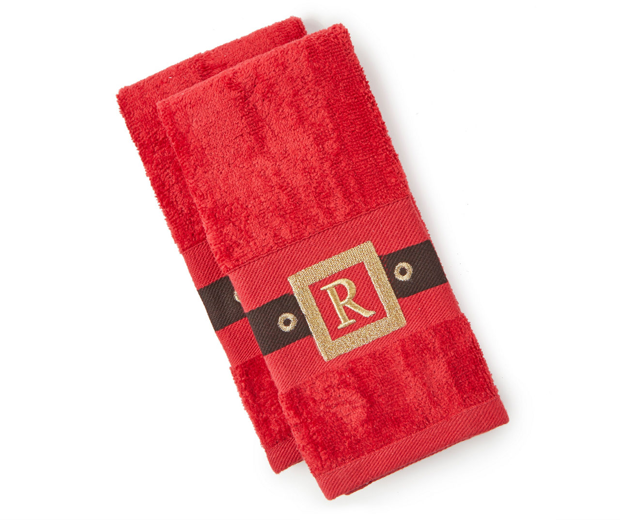 "R" Red, Black & Gold Santa Belt Monogram Fingertip Towels, 2-Pack