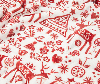 White & Red Winter Fair Isle Velvet Plush Throw, (50" x 60")
