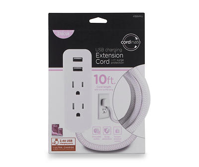 Cordinate Pink 2-Outlet USB Charging Extension Cord, (10')
