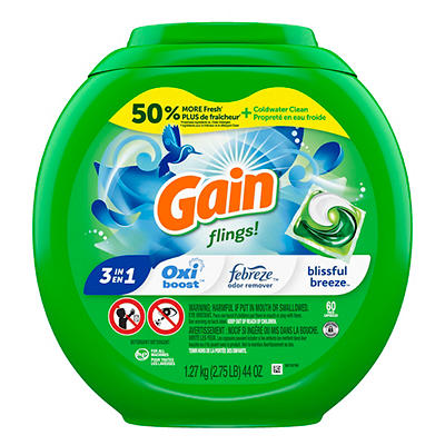 Gain flings Laundry Detergent Soap Pacs, HE Compatible, 60 Count, Long Lasting Scent, Blissful Breeze Scent