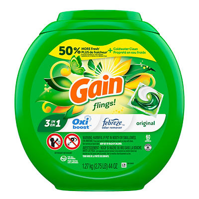 Gain flings! Liquid Laundry Detergent Soap Pacs, HE Compatible, 60 Count, Long Lasting Scent, Original Scent