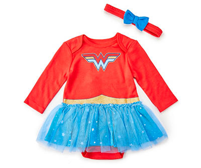 Baby Red Wonder Woman Skirted Bodysuit & Bow Headband