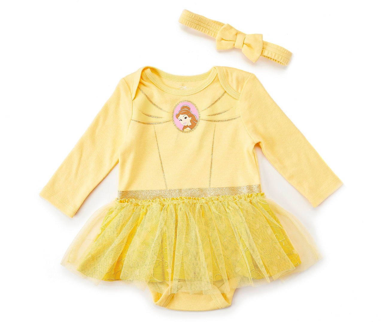 Baby Size 3/6M Yellow Princess Belle Skirted Bodysuit & Bow Headband