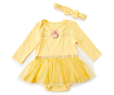 Baby Yellow Princess Belle Skirted Bodysuit & Bow Headband