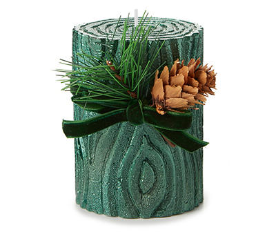 Green Bark Pillar Candle With Pine Accents, (4")