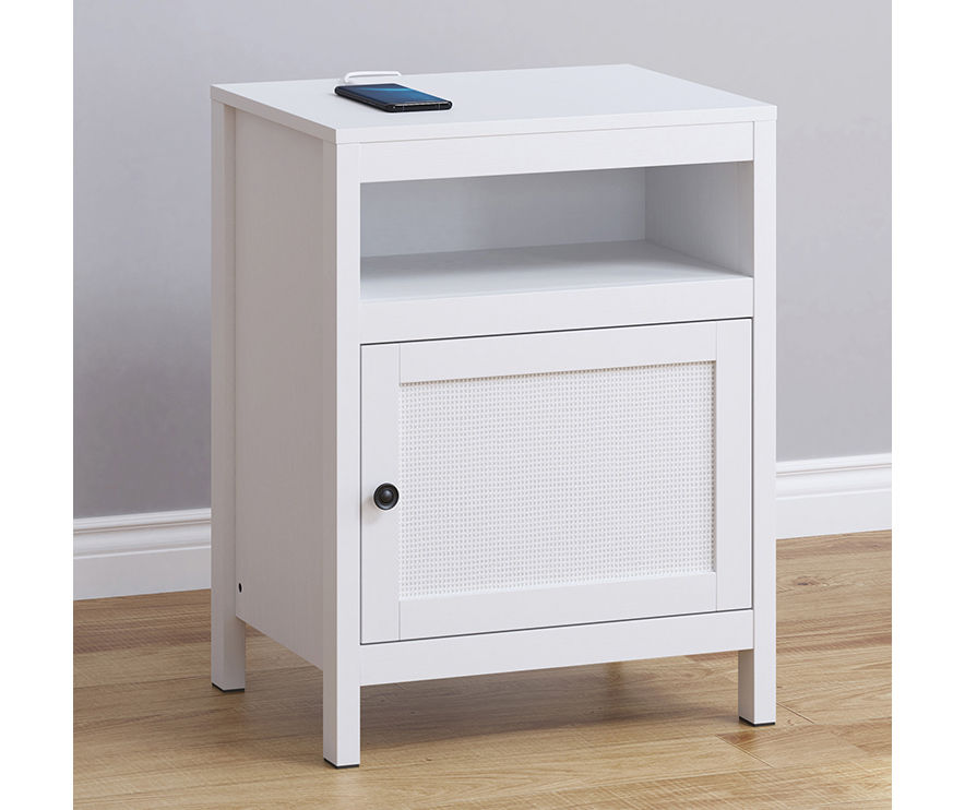 Villa Park White Cane Door End Table with Outlets & USB Charging