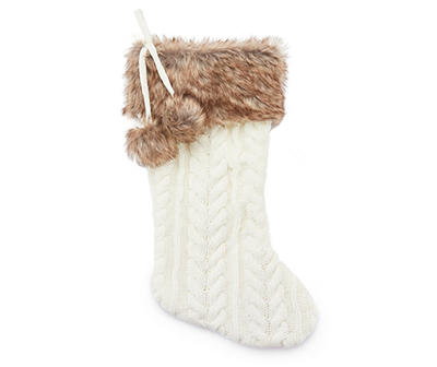 Cream Cable Knit Stocking with Fur Trim