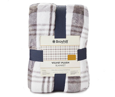 Broyhill Gray  & White Plaid Velvet Plush Blanket