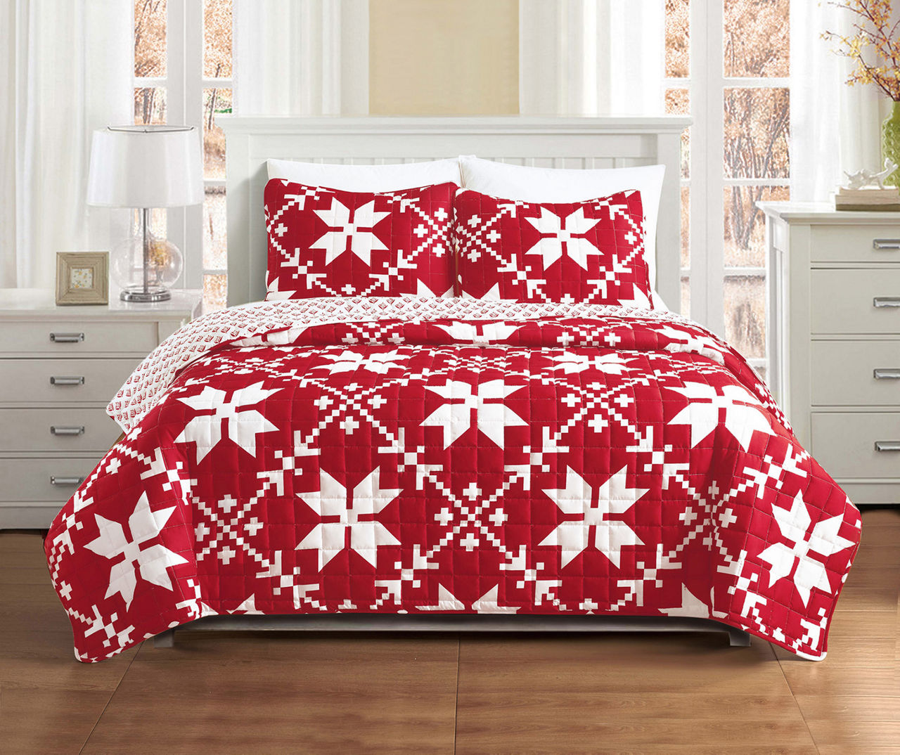 Red & White 3-Piece Reversible Floral Christmas Full/Queen Quilt Set