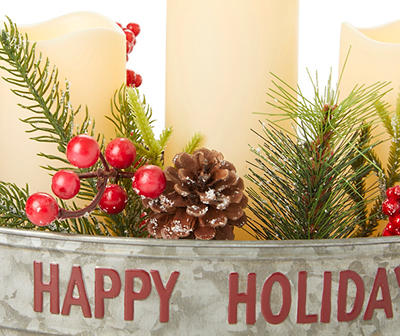 "Happy Holidays" Floral & LED Candle Arrangement In Metal Tray