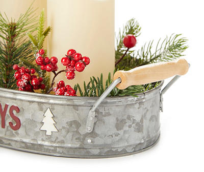 "Happy Holidays" Floral & LED Candle Arrangement In Metal Tray