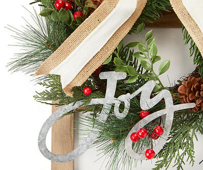 "Joy" Wreath & Bow Window Frame Hanging Wall Decor