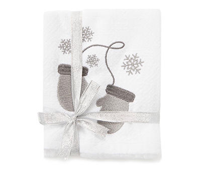 White & Gray Plaid Embroidered Mittens Kitchen Towels, 2-Pack