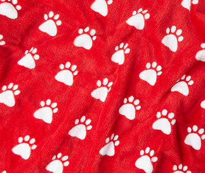 Red & White Paw Printed Coral Fleece Throw, (50" x 60")