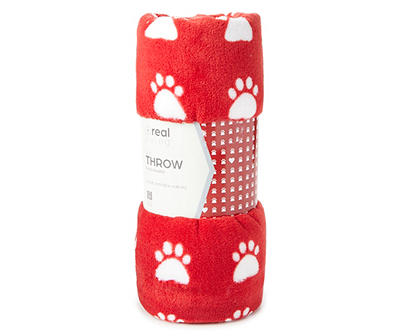 Red & White Paw Printed Coral Fleece Throw, (50" x 60")