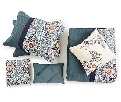 Therese Light Navy & Mahogany Paisley Arabesque Waffle-Accent Queen 7-Piece Comforter Set