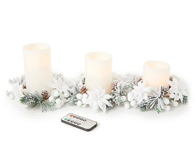 White & Green 3-Piece LED Pillar Candle Set With Greenery Rings