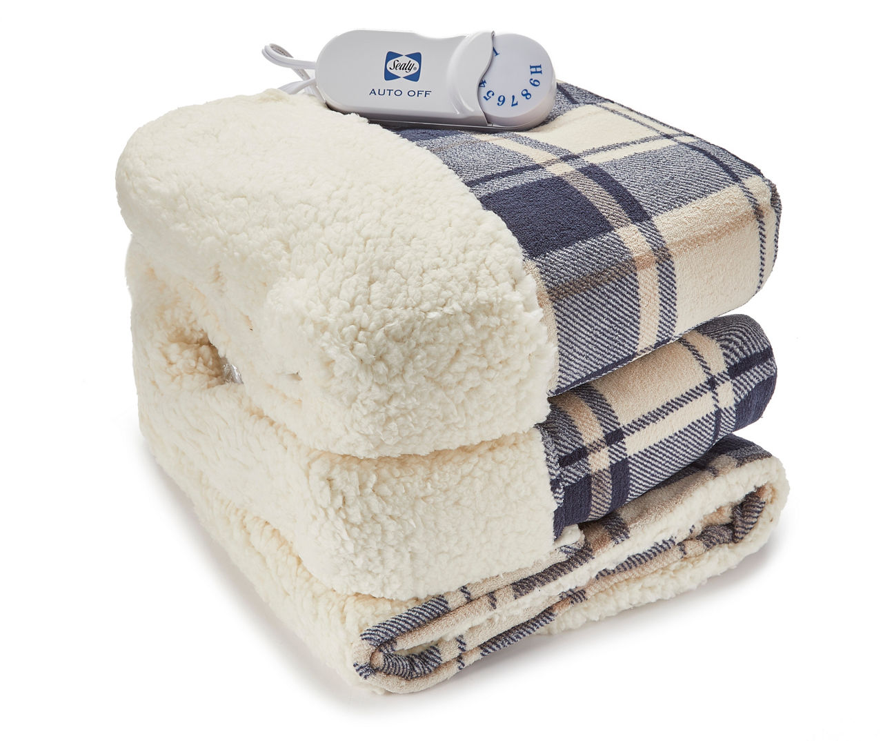 Biddeford Navy Taupe Plaid Sherpa Heated Electric Throw 50