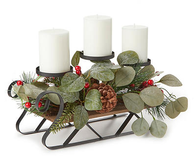Wood Sled 3-Candle Holder With Berry & Pinecone Accents