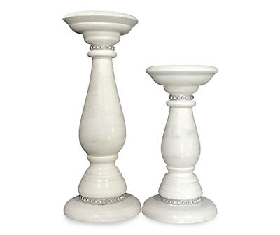 White With Silver Beads Finial Pillar Candle Holder, (12