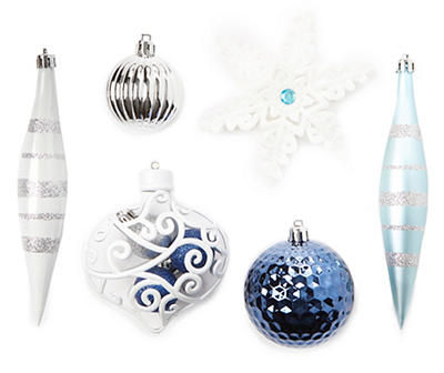 Blue, Silver & White Mixed Shape 30-Piece Plastic Ornament Set