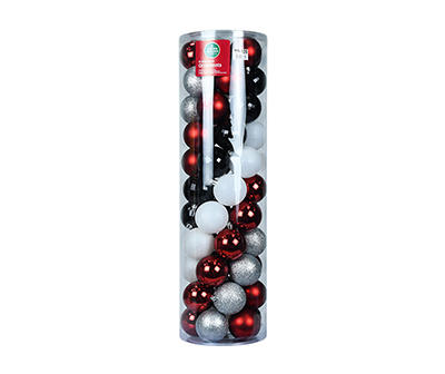 Red, Black, White & Silver 60-Piece Plastic Ornament Set