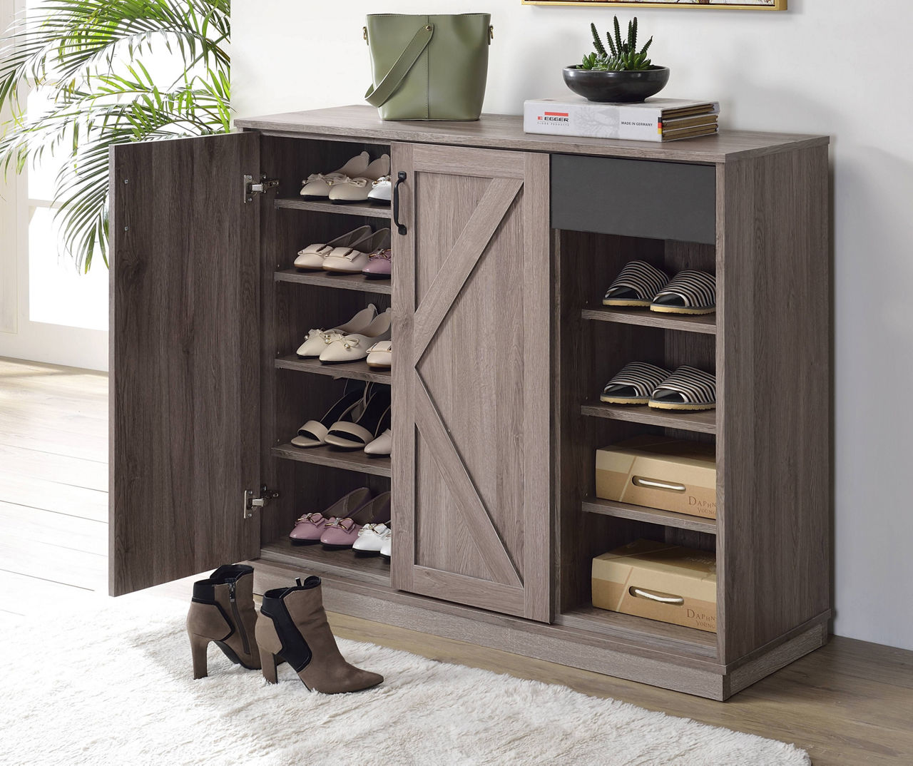 Rustic Shoe Cabinet with 2 Drawers, Narrow Shoe Storage Organizer for  Entryway