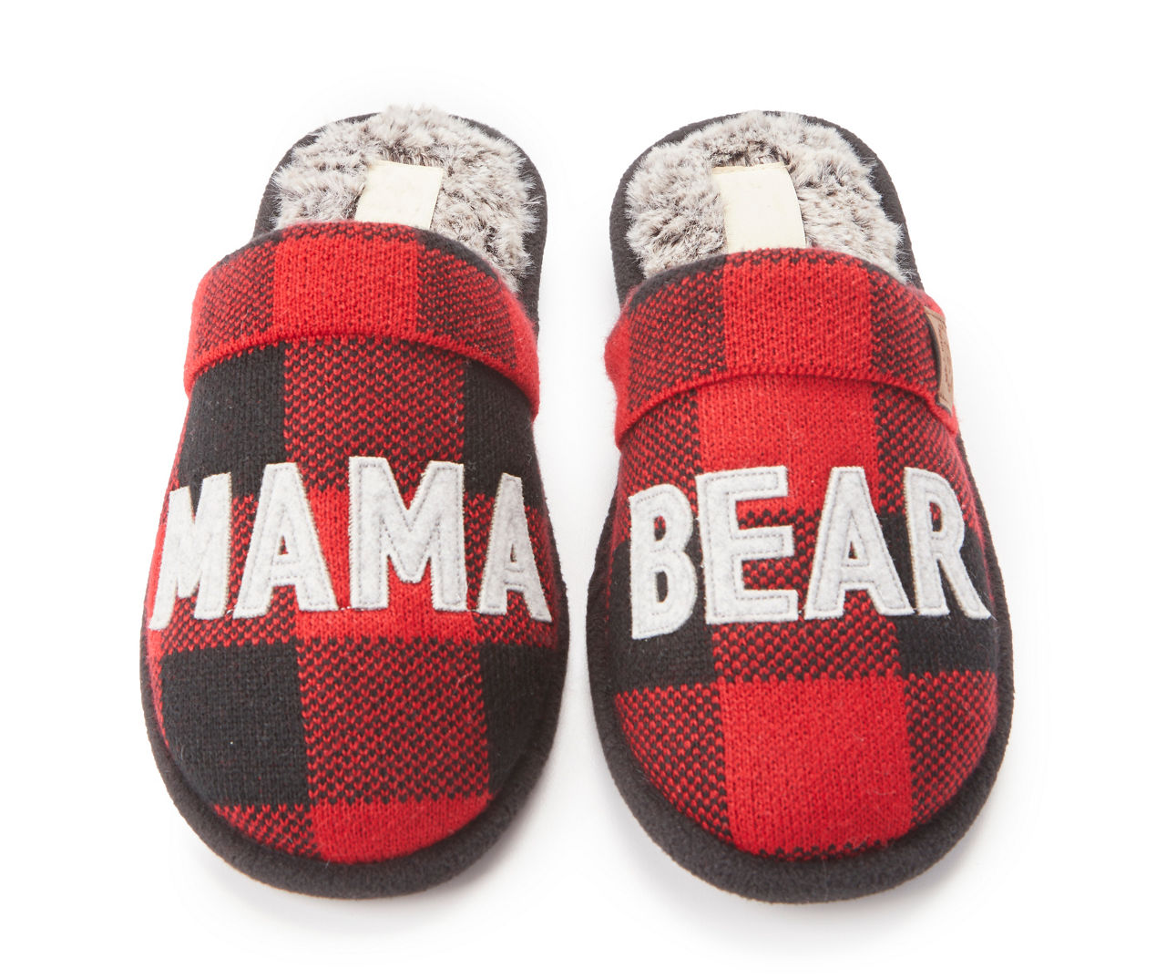 Women's L "Mama Bear" Red & Black Buffalo Check Slippers