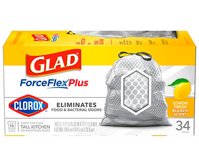ForceFlex Plus 13-Gallon Lemon Fresh Bleach Scent Drawstring Trash Bags With Clorox, 34-Count