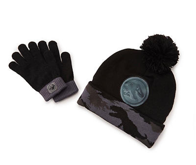 Kids' Black & Gray Dino Camo Pom-Pom Beanie & Gloves Set