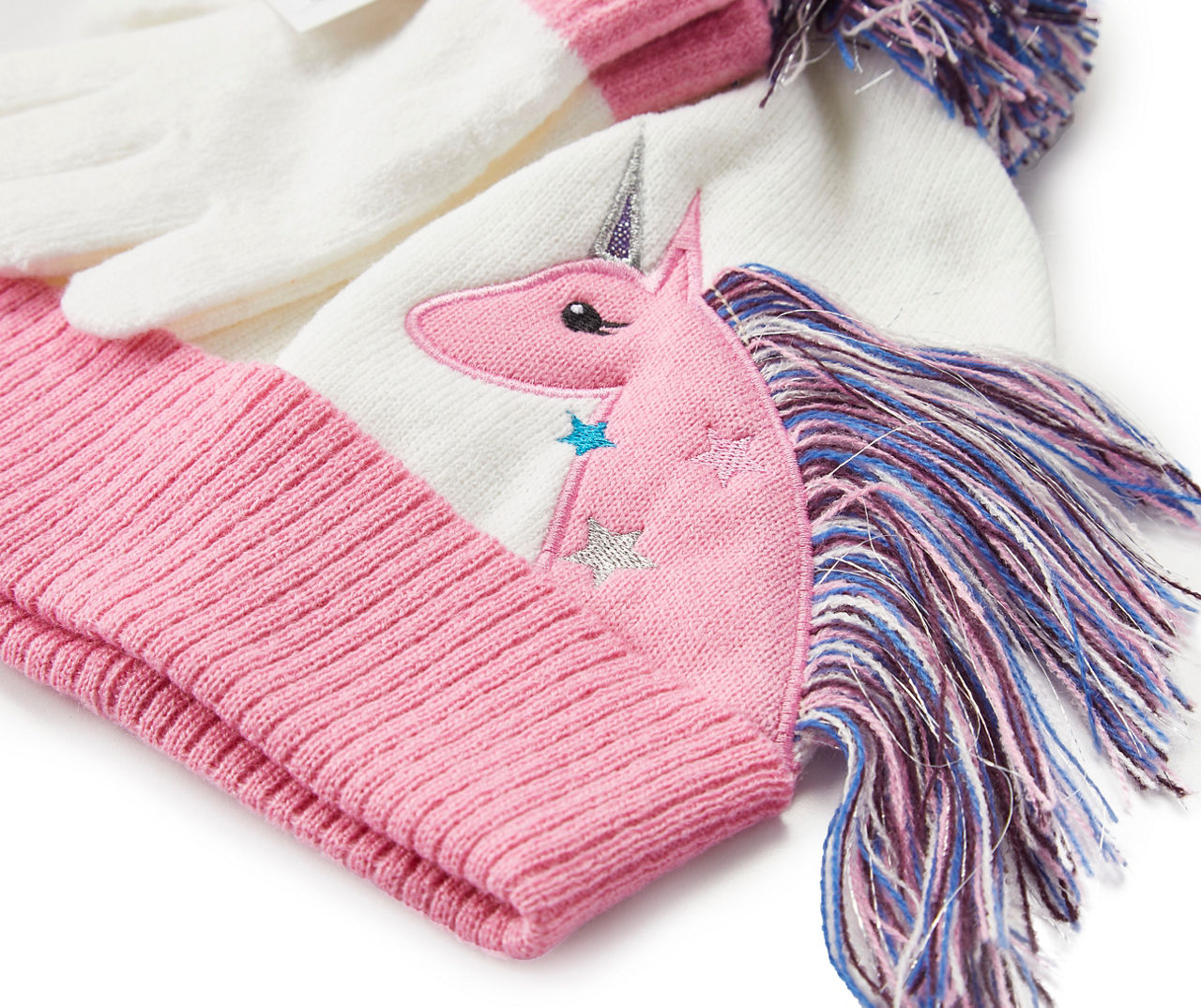 Kids' Cream & Pink Unicorn Applique Pom-Pom Beanie & Gloves Set | Big Lots