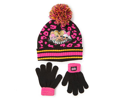 Kids' Black, Pink & Yellow Pom-Pom Beanie & Glove Set