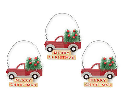 "Merry Christmas" Pickup Truck & Tree 3-Piece Ornament Set