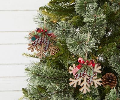 "Joy" Tan & White Wood Snowflake 3-Piece Ornament Set