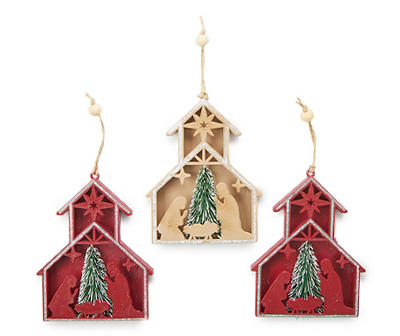 Red & Tan Christmas Manger 3-Piece Ornament Set