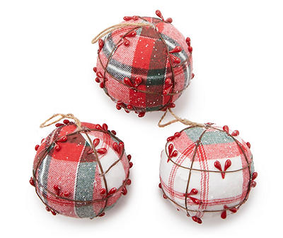 Red, Green & White Plaid Vine Ball 3-Piece Ornament Set