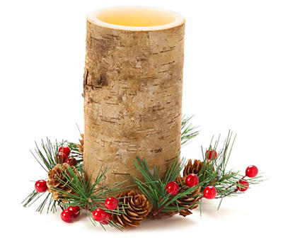 Brown Birch LED Pillar Candle With Berry Ring, (6