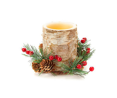 Brown Birch LED Pillar Candle With Berry Ring, (4