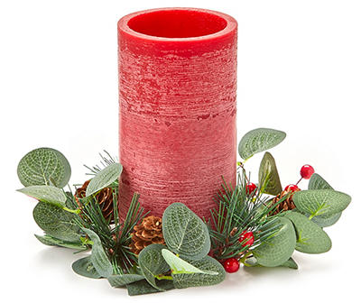 Red LED Pillar Candle With Berry & Greenery Ring, (6