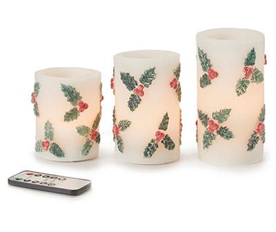White & Red Winterberry Textured 3-Piece LED Pillar Candle Set With Remote