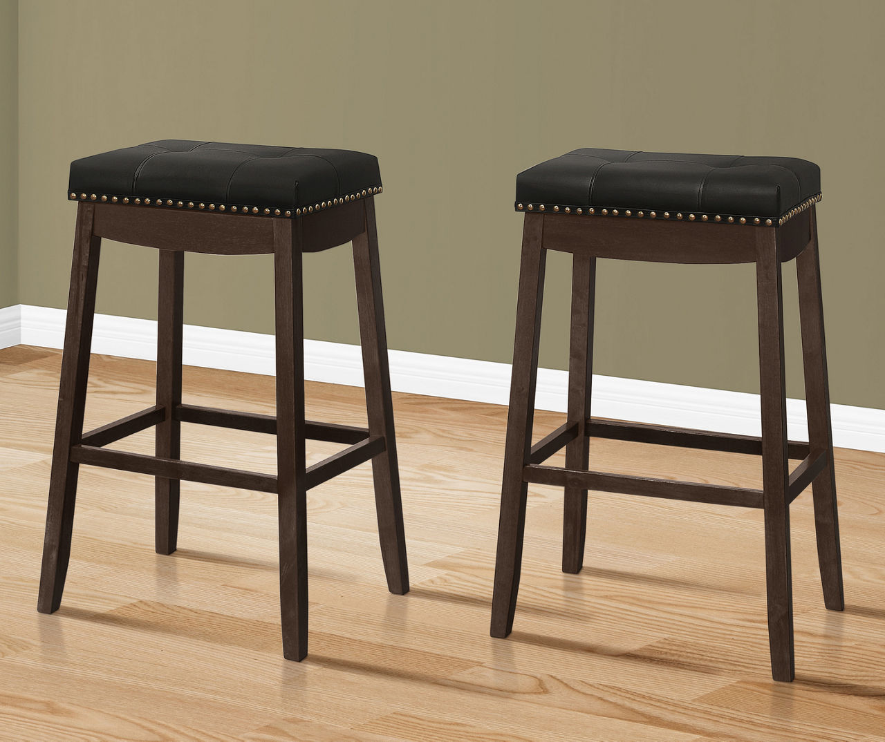 29.5" Black & Espresso Tufted Nailhead Faux Leather Counter Stools, 2-Pack