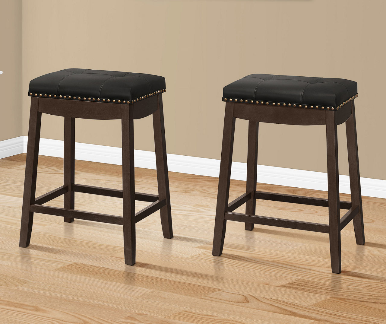 24.75" Black & Espresso Tufted Nailhead Faux Leather Counter Stools, 2-Pack